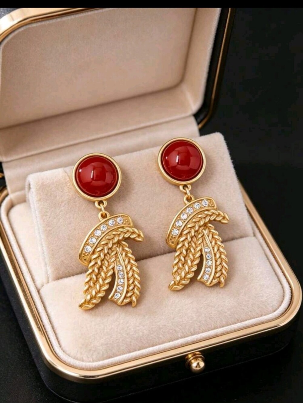 BRAND NEW ** Gold-Tone Earrings with Red Cabochon and Crystal Accents